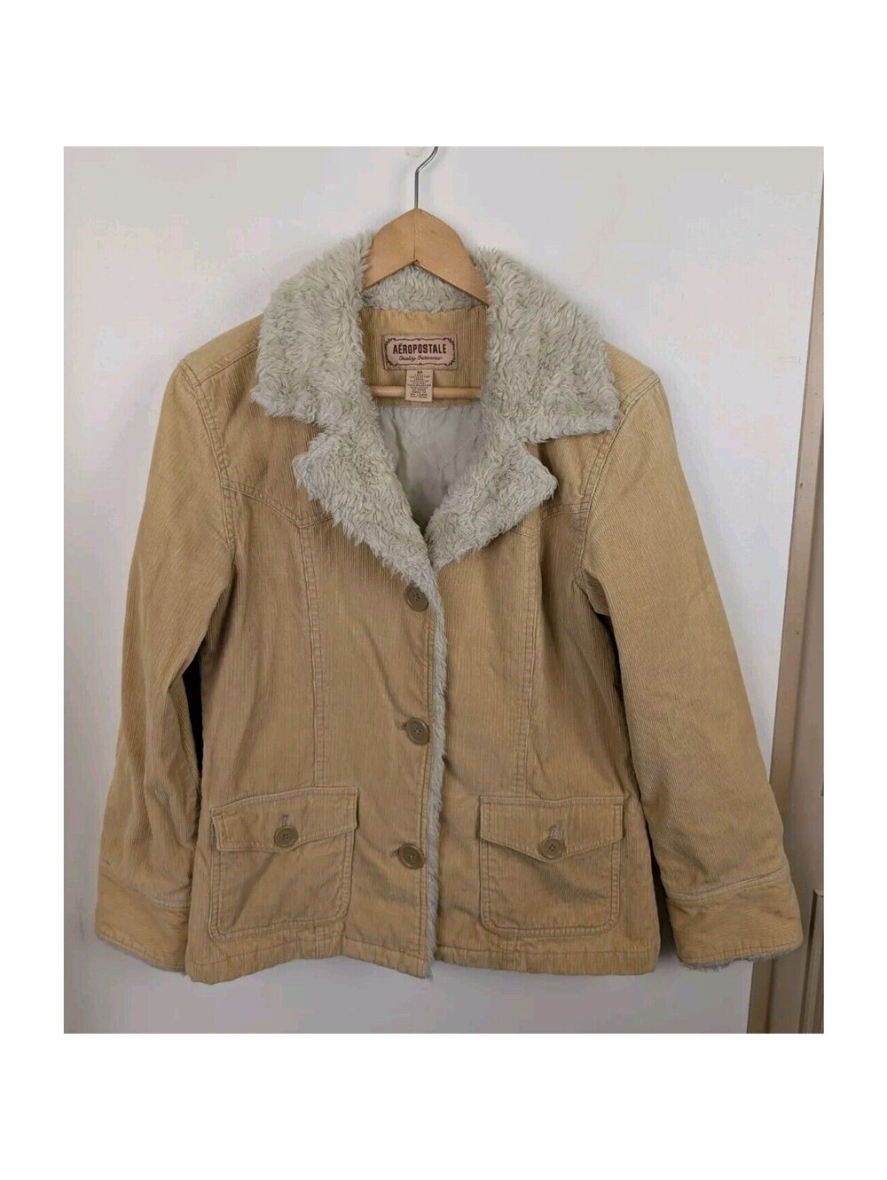 Aeropostale Medium M Corduroy Coat Jacket Button Beige Tan Faux Fur Y2k